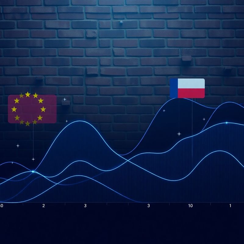 Abstrakcyjna wizualizacja krzywych inflacji w palecie indigo-tech z subtelnymi motywami flag PL i UE